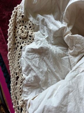 Cream Crochet Trim bed skirt. 100% cotton. 78”x80”x14”